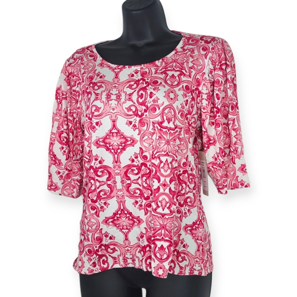Sunny Leigh Women's Pink Patterned Top Puff Sleeves - Picture 1 of 11